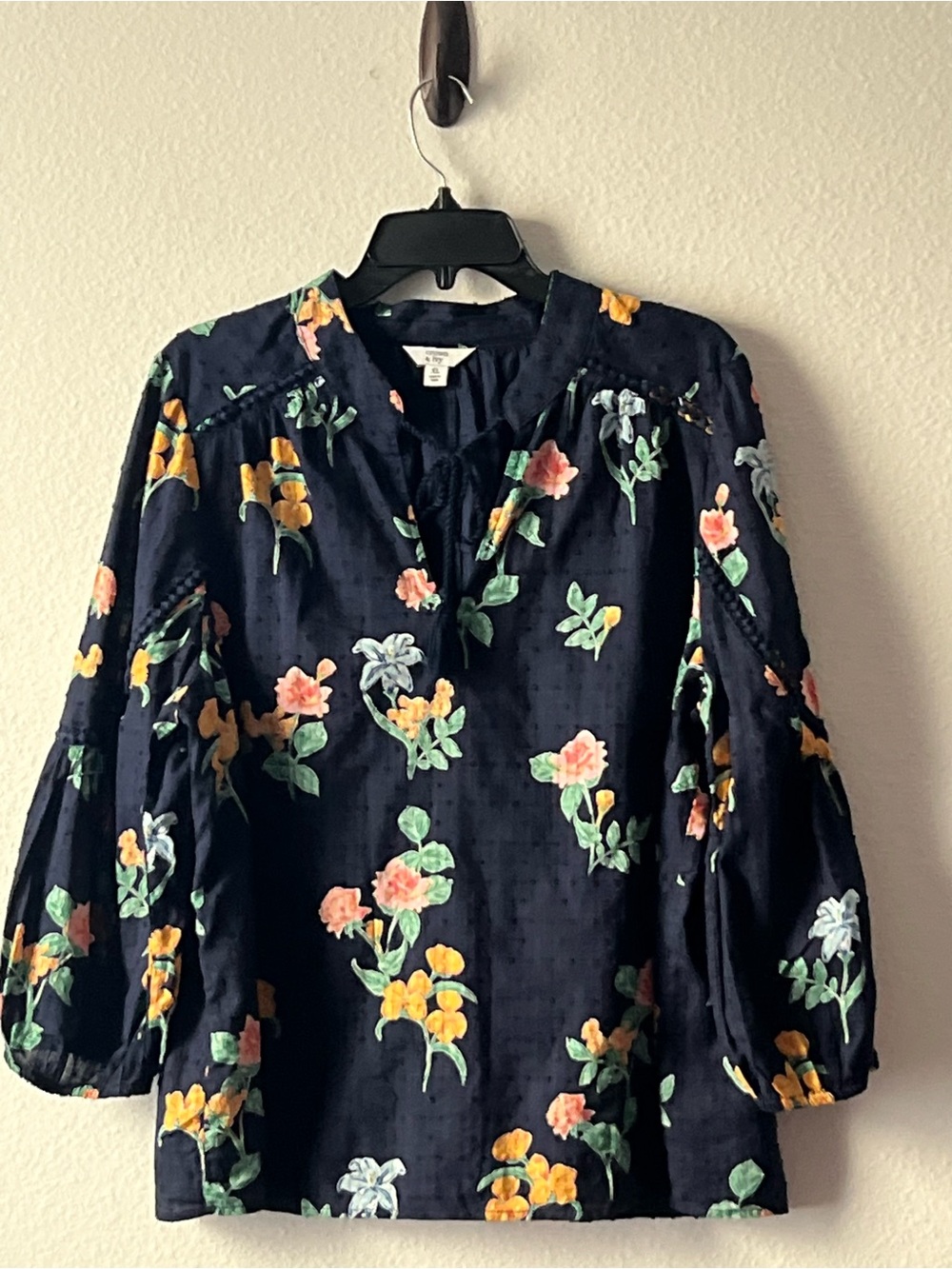 crown & ivy Navy Floral Tassel Tie-Neck Blouse, Size XL - Picture 2 of 11